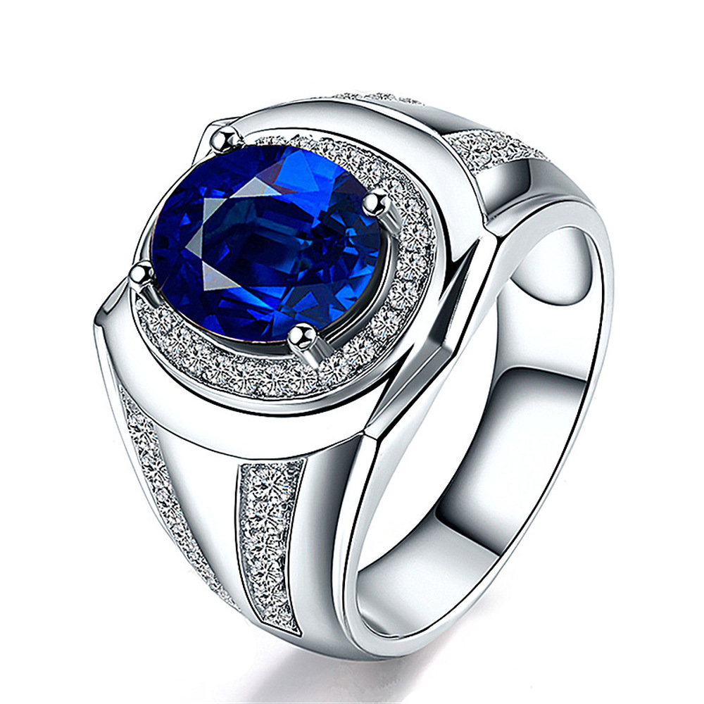 Cincin Berlian Safir Platinum Perak Zirkon Busana Emas Putih Kristal Biru Perhiasan Fashion Pria Rings