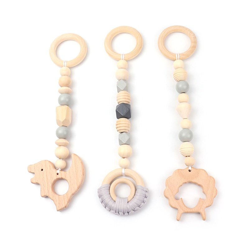 Mary 3pcs / Set Mainan Rattle + Teether + Ring Kayu Motif Kartun Hewan Domba / Dinosaurus Untuk Bayi / Stroller