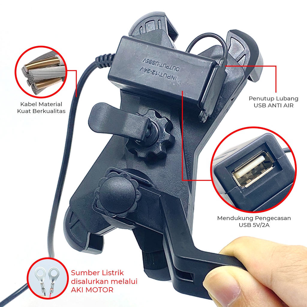 Phone stand holder + USB charger aki tatakan penahan penyangga hp di spion motor stand hanphone anti slip