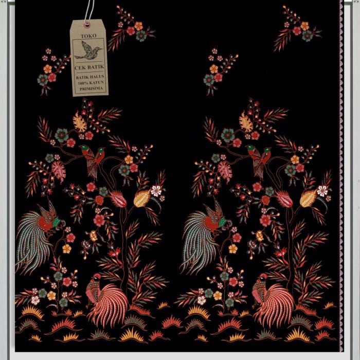 Kain Batik - Motif Burung Dan Bunga Dasar Warna (Hitam )