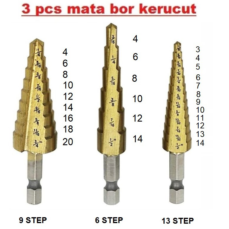 MATA BOR HSS PAGODA SET = 3 PCS BONUS POUCH / MULTI STEP DRILL / MATA BOR TITANIUM SET MATA BOR