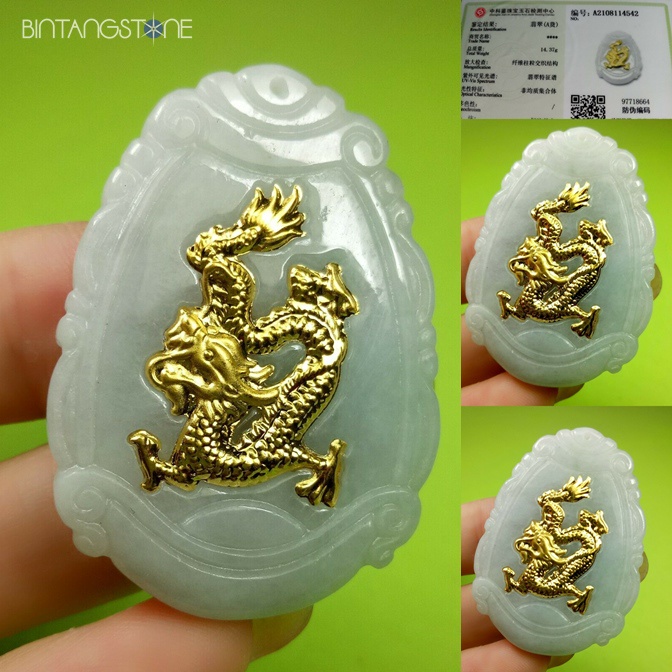 Giok Emas 24K Asli Shio Naga PURE GOLD 999 Dragon Light Green Jadeite Burma Type A Necklace Kalung L