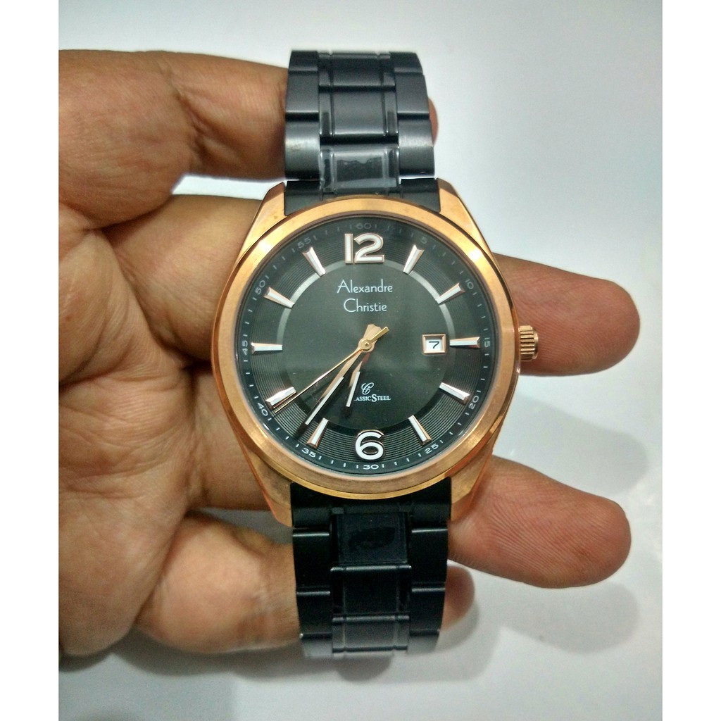 Jam Tangan Pria Alexandre Christie Ac 8583 ROSEGOLD BLACK Steel ORIGINAL