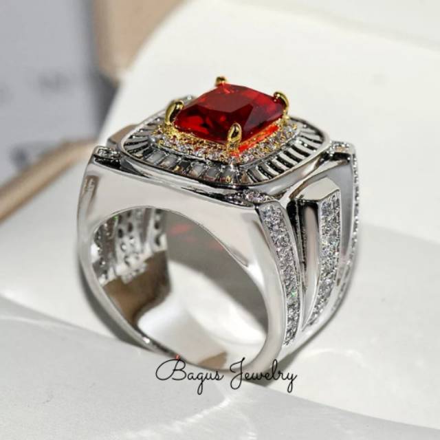 Cincin Pria Red Ruby Created Silver Plated Model Mewah