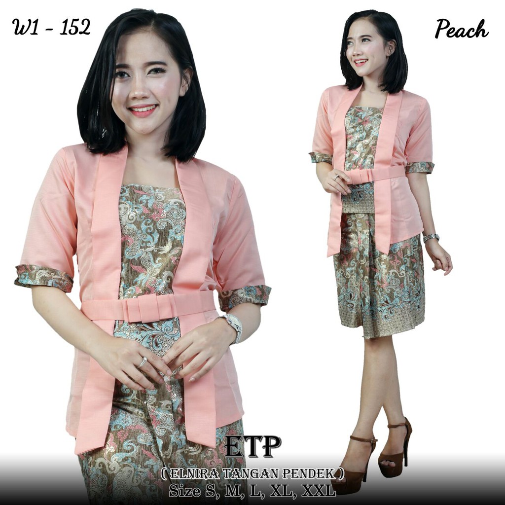 Setelan Kebaya Modern Set Kebaya Kutu baru Combi Batik Elnira Lengan Pendek Baby Peach dan Rok Span 