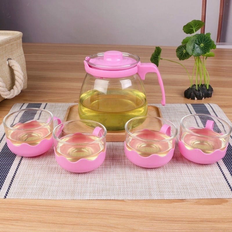 Tea Pot set 5 in 1 warna Gelas Kaca warna pink