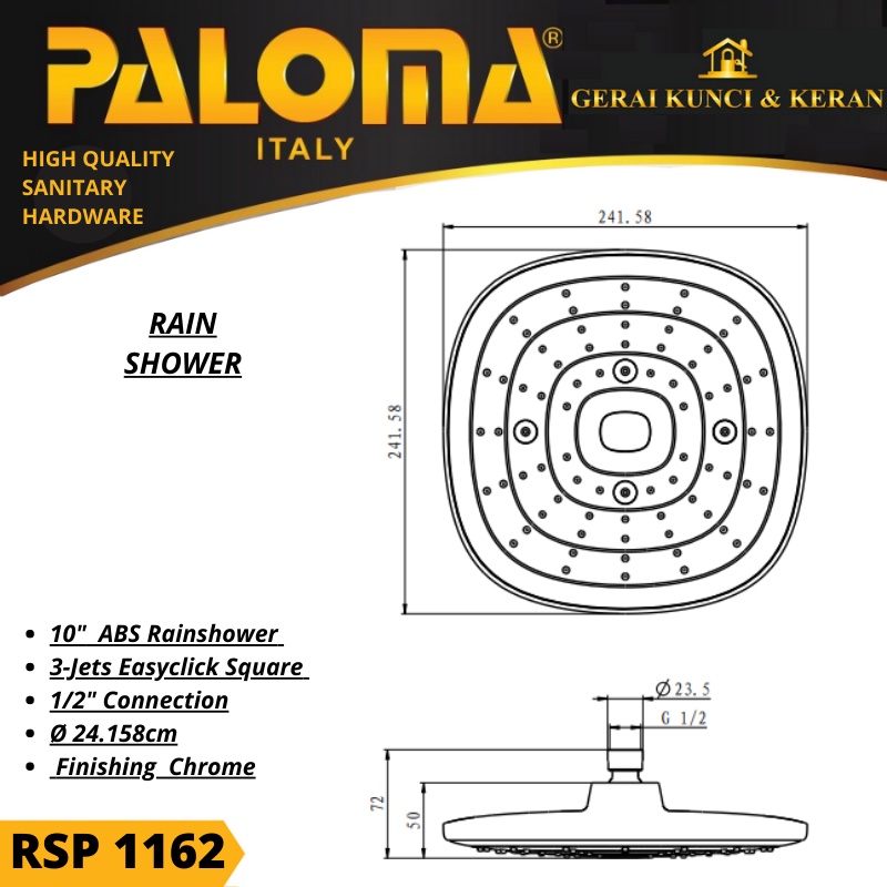 PALOMA RSP 1162 RAINSHOWER / KEPALA SHOWER MANDI ABS 10'' INCH