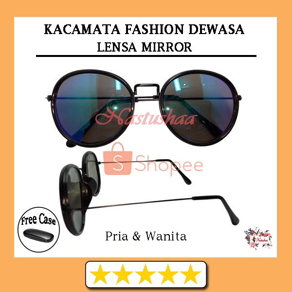 Kacamata Gaya Anti UV Untuk Pria dan Wanita Kaca Mata Frame Besi Hitam Model Oval Lensa Grand Mirror UNISEX FREECASE