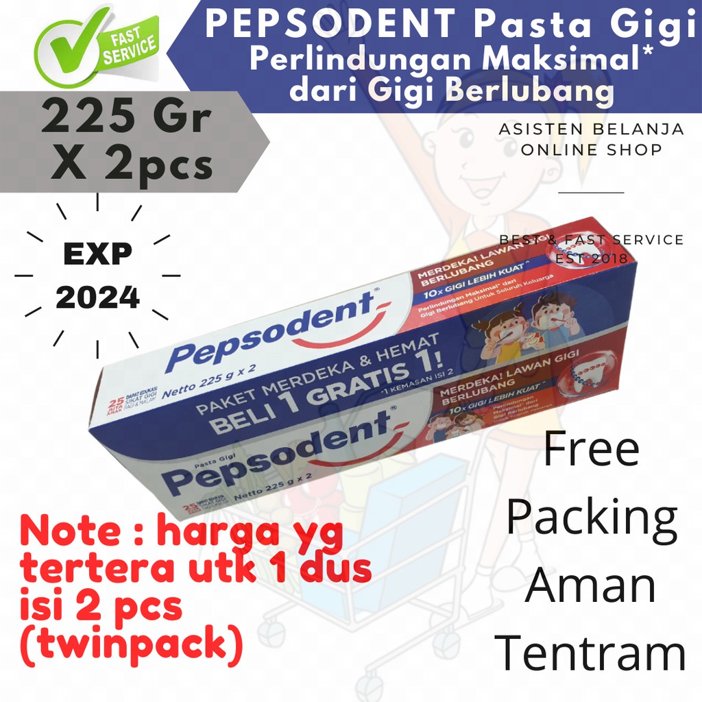 Twin pack Pepsodent 225gr White Pasta Gigi Dewasa Pencegah Berlubang Whitening Ukuran Besar Jumbo 225g X isi 2 pcs twinpack ( harga per 1 box isi2 ) ( buy / beli 1 get / gratis 1 hadiah di dalam kemasan )