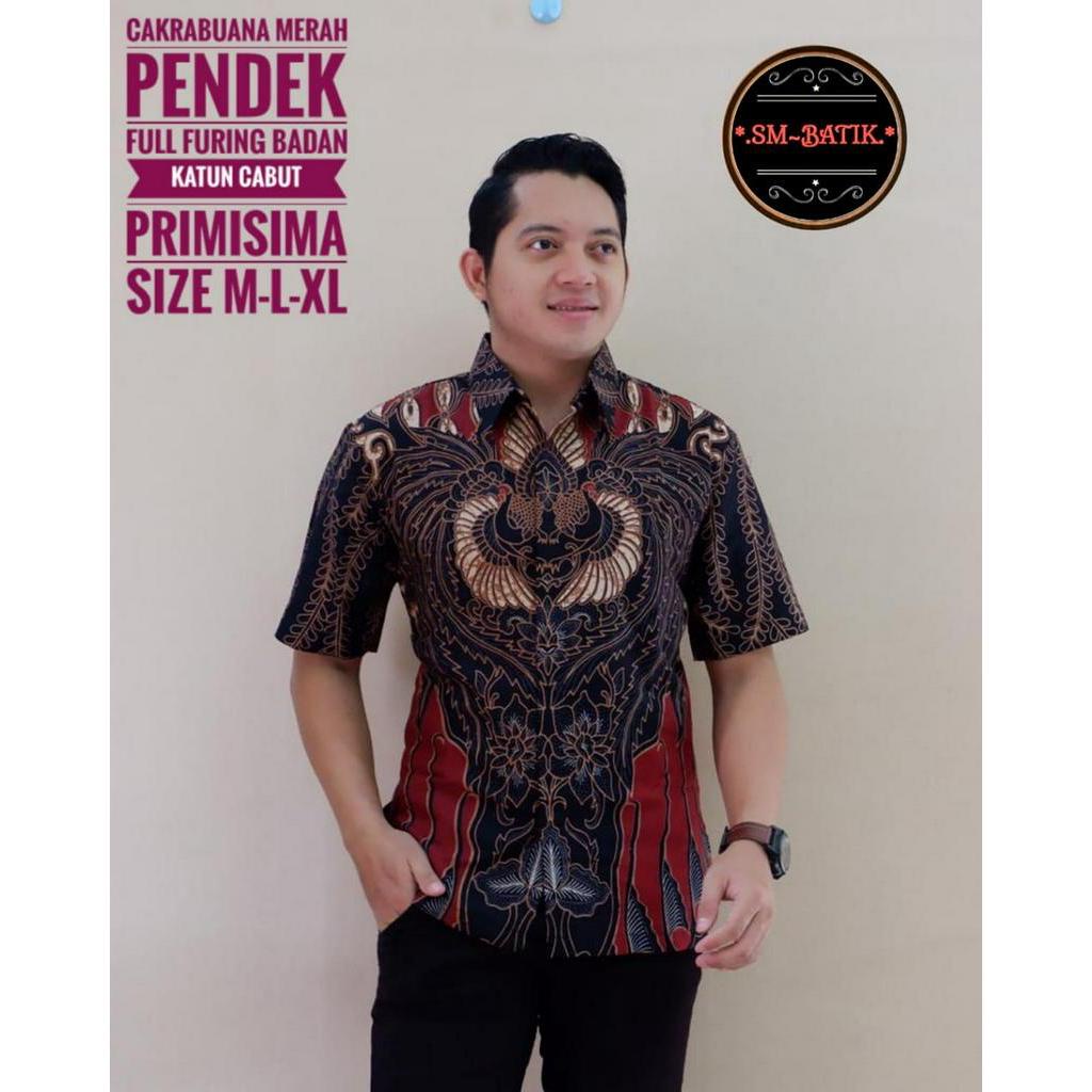 Hem Batik Pria Exclusive Warna Merah Hitam Batik Lengan Pendek Terbaru Batik CAKRABUANA MERAH