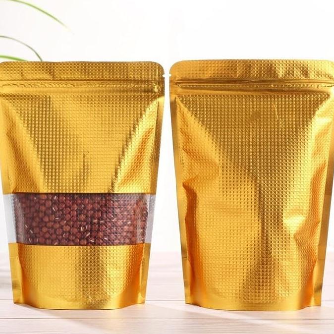 aluminium gold standing pouch window 14x20 ziplock bag standing