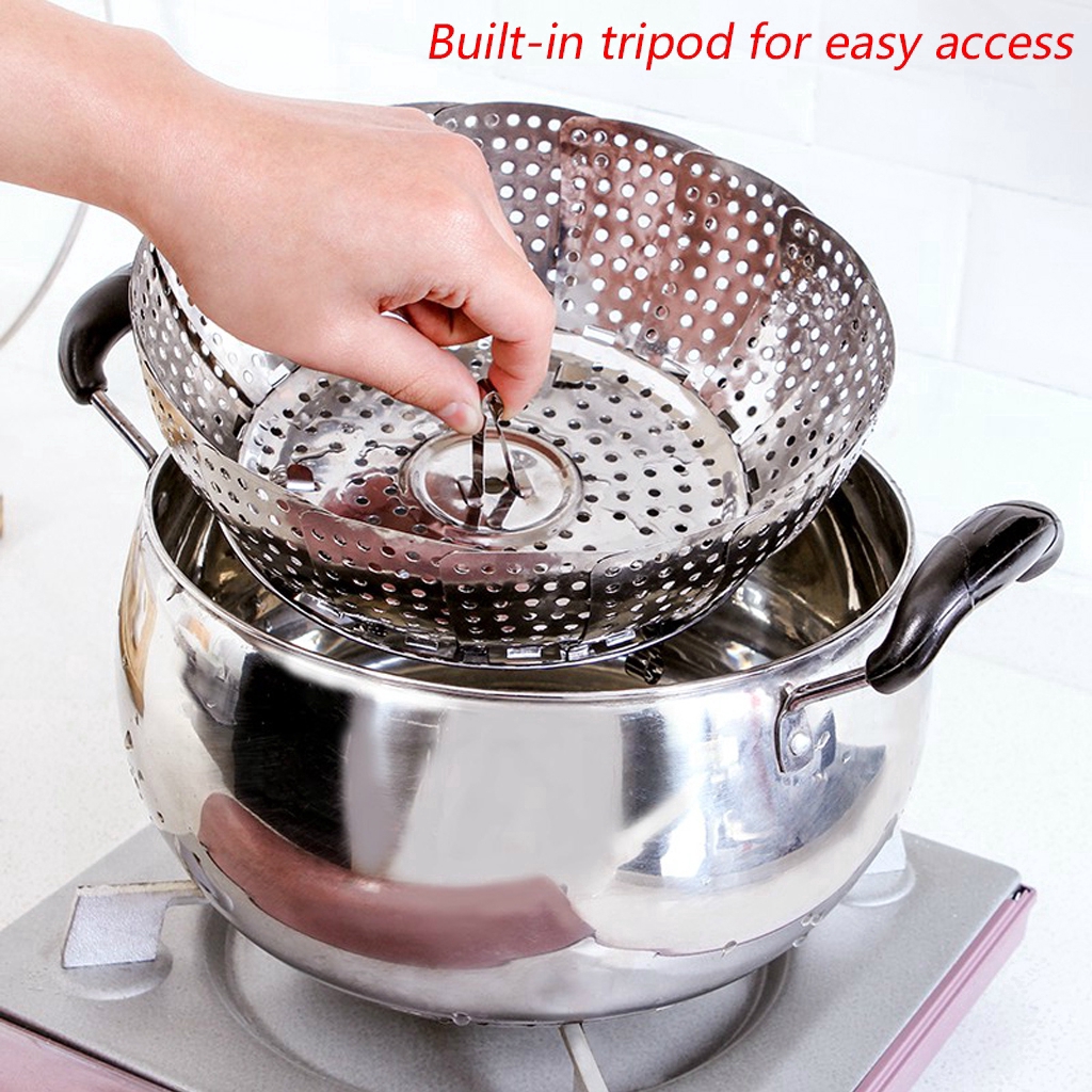 Keranjang Steamer Makanan/Panci Jaring Kukus Ikan Telur Lipat Yang Dapat Ditarik/Tempat Penyimpanan Rak Makanan Kukus Bun Stainless Steel/Expandable Mesh Steamer Cookware Alat Dapur