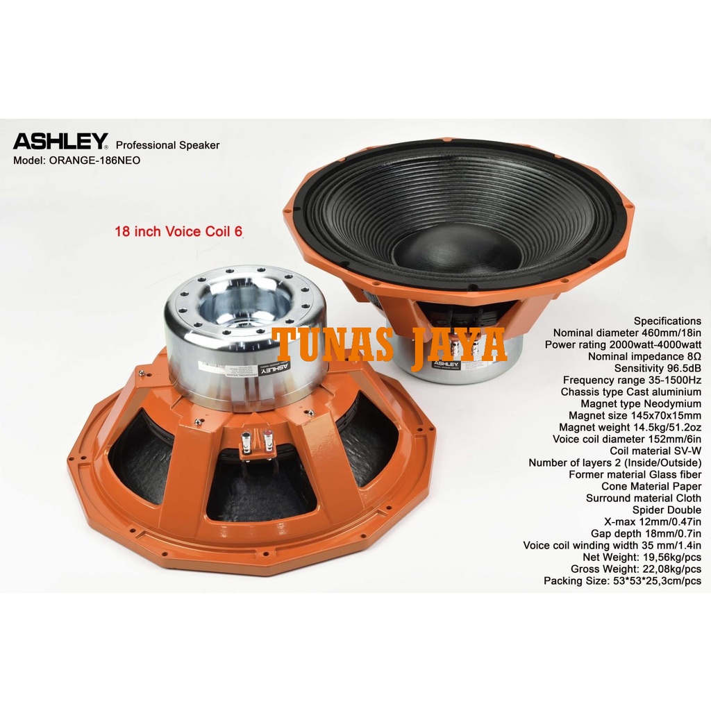 SPEAKER COMPONENT ASHLEY ORANGE 186NEO -186 NEO 18 INCH ORIGINAL ORANGE186NEO
