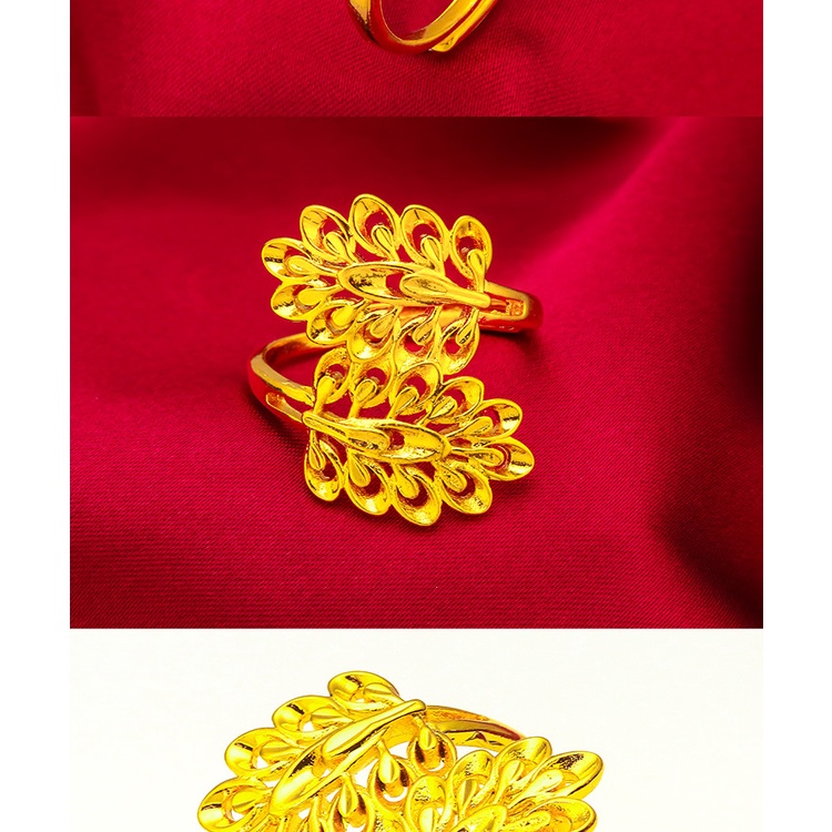 Goldkingdom Perhiasan Fashion Emas Asli Kadar 375 Bangkok Aksesoris Ready Stock Adjustable Dedaunan Wajah Lebar Cincin Untuk Wanita