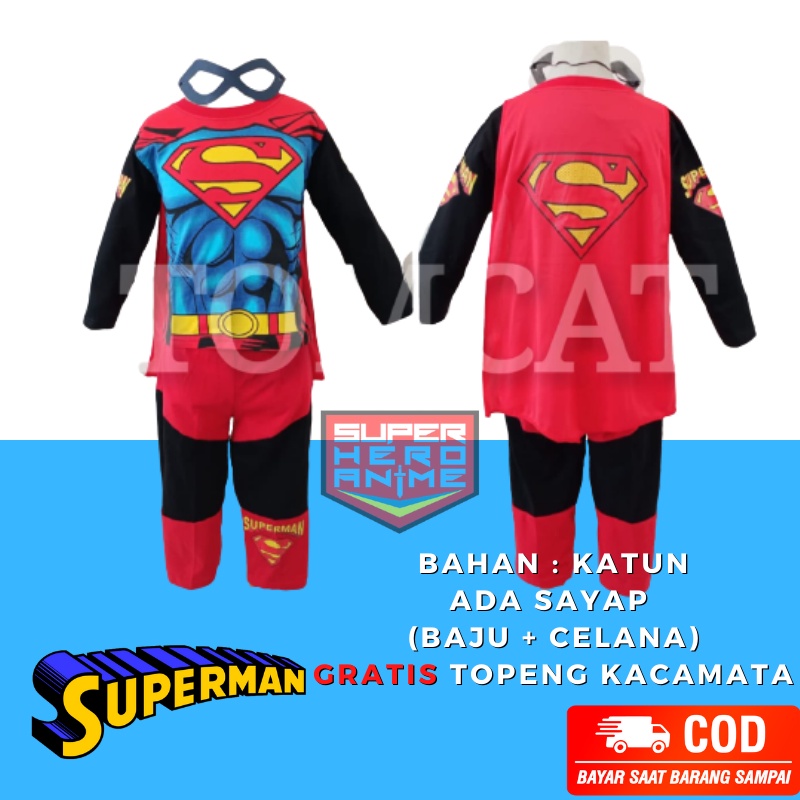 Kostum Anak Laki-Laki Superman Superhero Sayap Otot Hitam Baju Panjang