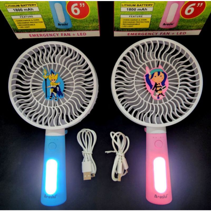 Kipas genggam portable jumbo 6 inci Arashi 601L Handy fan portable dan lampu emergency lamp rechargeable