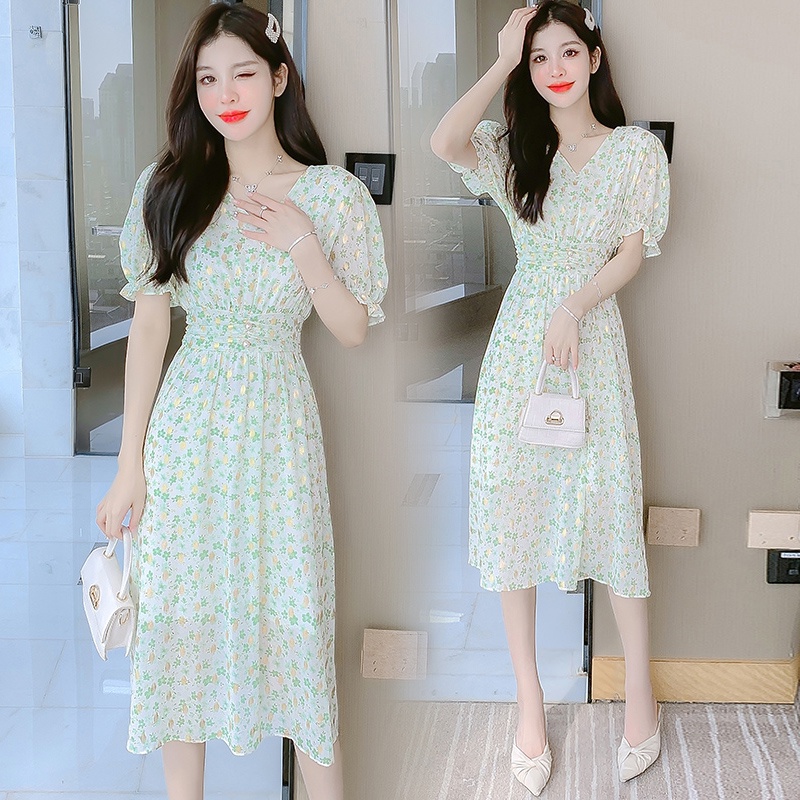 2022 New Fashion Korean Style Chiffon Green Floral Print Casual Party Midi Dress Summer Short Sleeve Women V-neck Dresses Wanita Putih 2023t