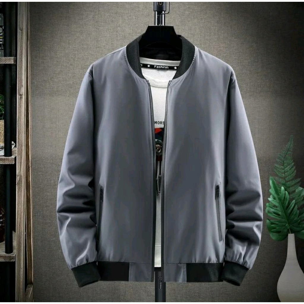 Jaket Musim dingin Jaket parasut pria Bomber hurrington Formal Taslan Waterproof Bomber Cowok Parasit Polos Perasut Prasut-ABU TUA