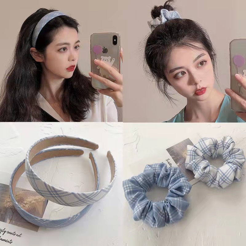 Scrunchie Rambut Biru Wanita Korean Retro Vintage Style Aksesoris Fashion