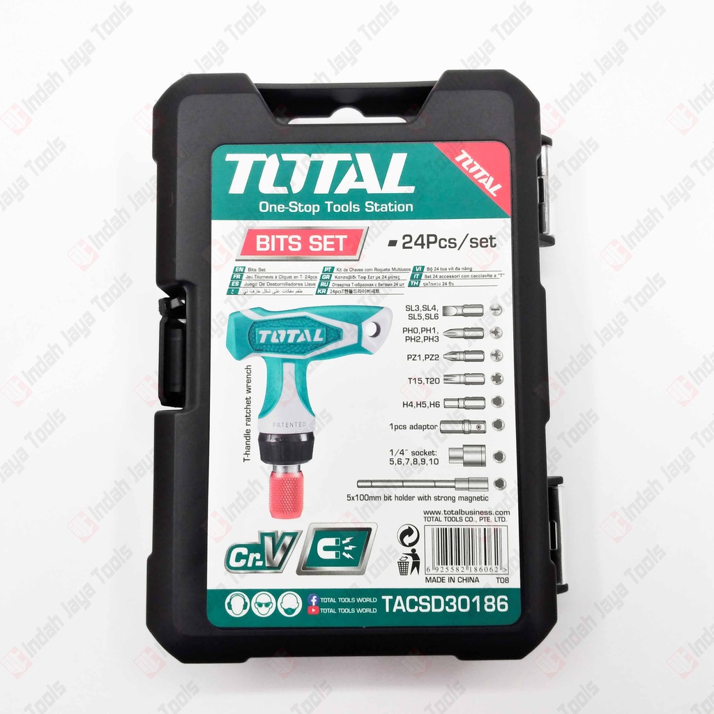 TOTAL TACSD30186 Obeng Set 24 Pcs Kunci Sok T Ratchet Rachet Kombinasi HP Elektronik