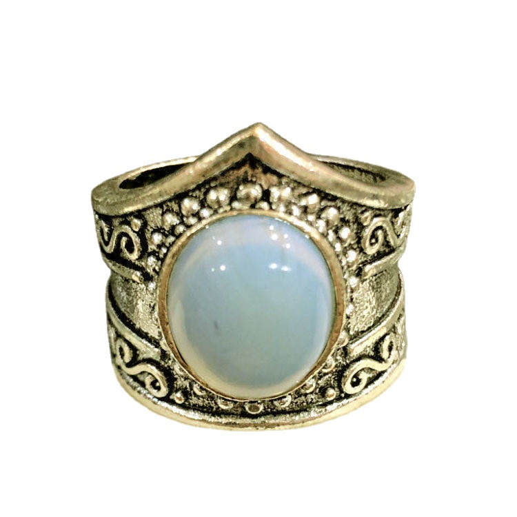 Cincin Silver Hias Batu Bulan Turquoise Gaya Etnik Bahan Stainless Steel