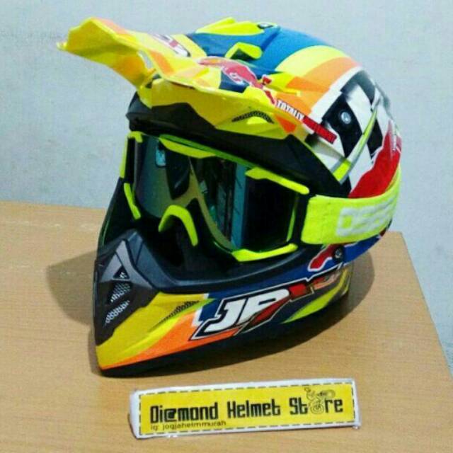 Paket Helm cross JPX Redbull Yellow Goggle OSBE Yellow Fluo Rainbow Lens