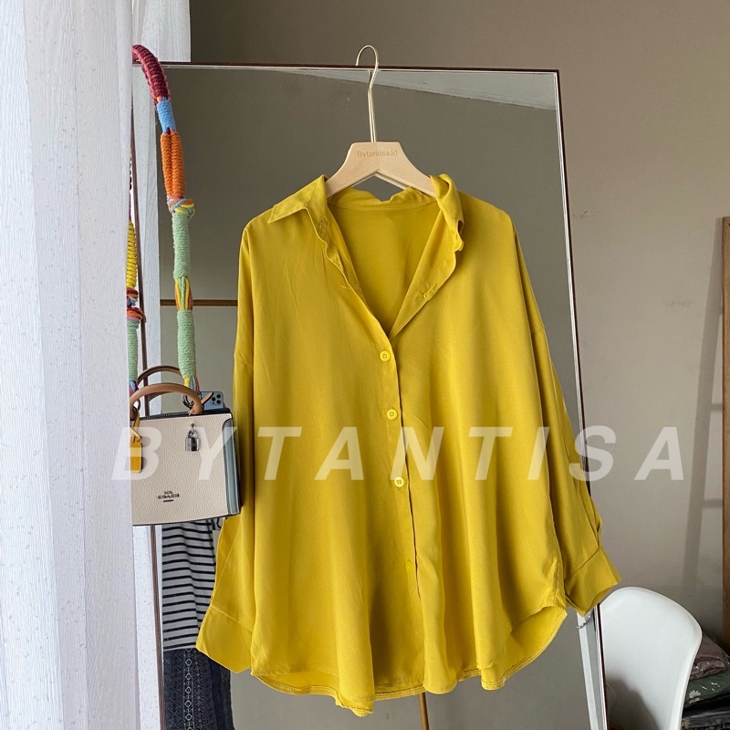 KEMEJA BASIC KONINA BAHAN RAYON | KEMEJA BLOUSE WANITA BAHAN ADEM FULL KANCING-Lime konina