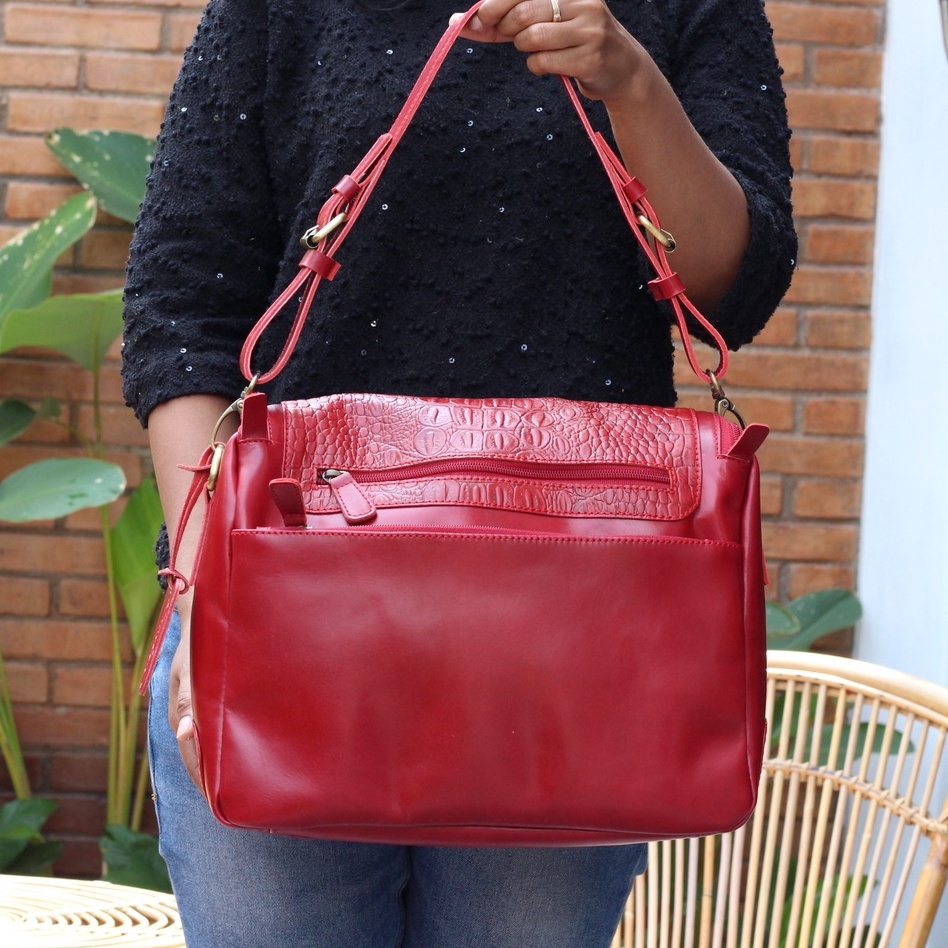 NEW !!! TAS WANITA KULIT SAPI ASLI MODEL AMANDA  KULIT SAPI PULL UP MIX CROCO MAROON