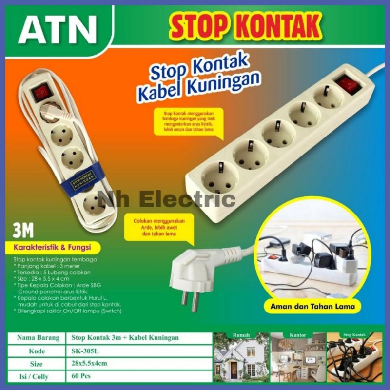 STOP KONTAK + KABEL 2,3,4,5 LUBANG 1.5/3/5 METER ATN SNI