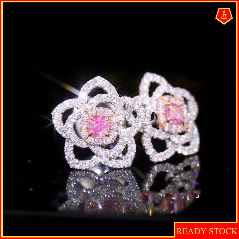 Anting Tusuk Desain Bunga Hias Kristal / Berlian Warna Pink Gaya Mewah Untuk Wanita