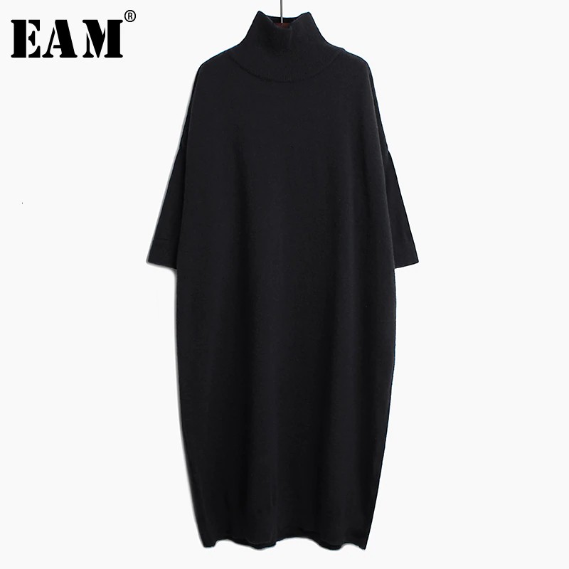 PROMO [EAM] Women Black Long Big Size Knitting Dress New High Collar Long Sleeve Loose Fit Fashion