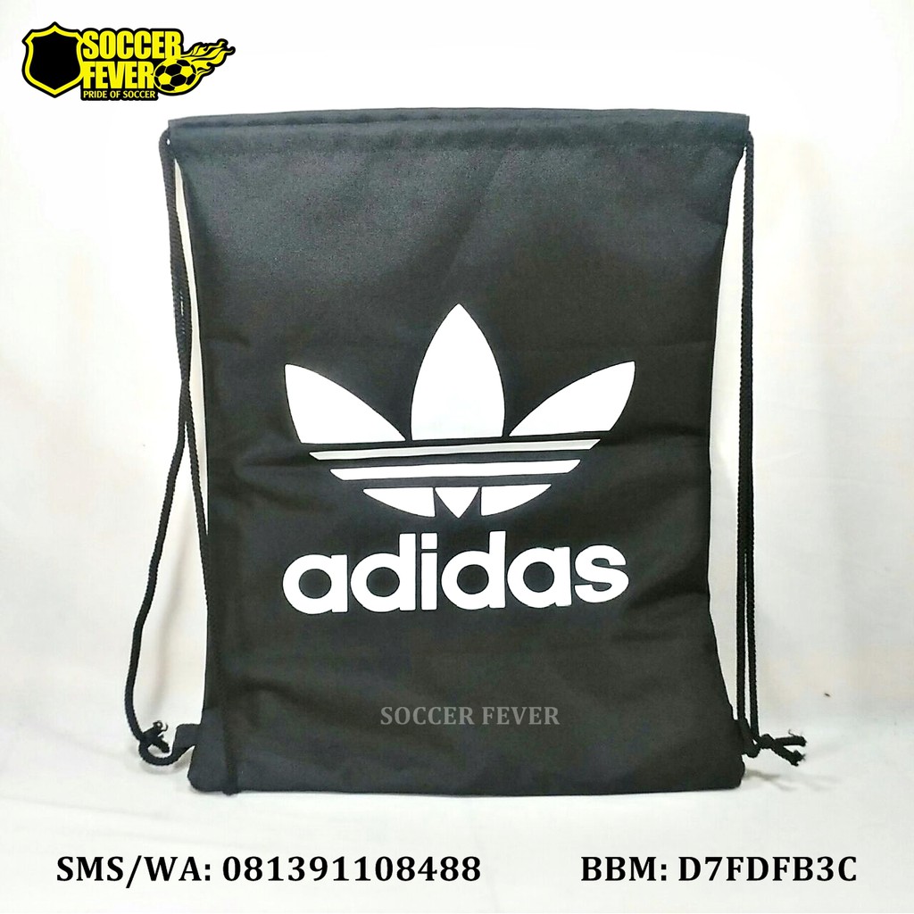 Tas Serut Drawstring Bag Gymsack Futsal Sepakbola Gym Olahraga Adidas Hitam Putih