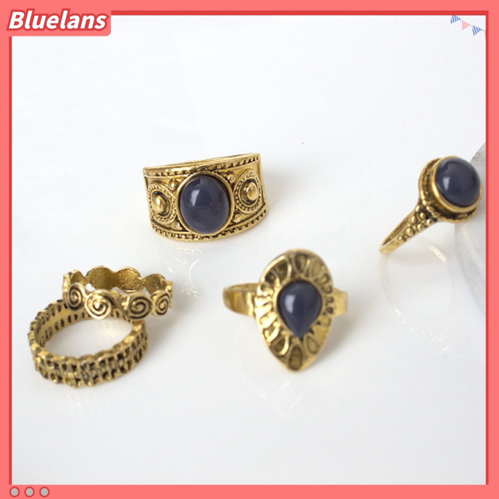 Bluelans 5Pcs Bohemian Vintage Blue Stone Alloy Finger Ring Women Charming Jewelry