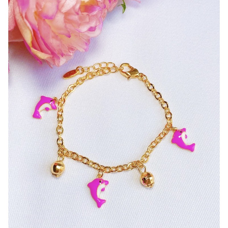 Gelang Anak Pink Dolphin Bola Kerawang Lapis Emas 18k