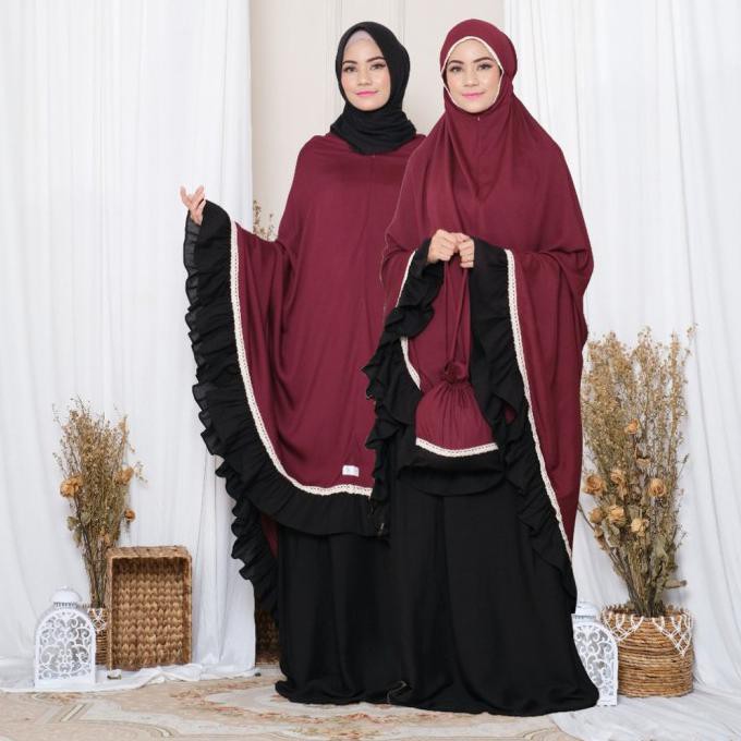 Ori&Terjamin Mukena Dewasa Traveling 2 In 1 Baneska Najwa Mix Burgundy Black Jumbo - Black-Burgundy