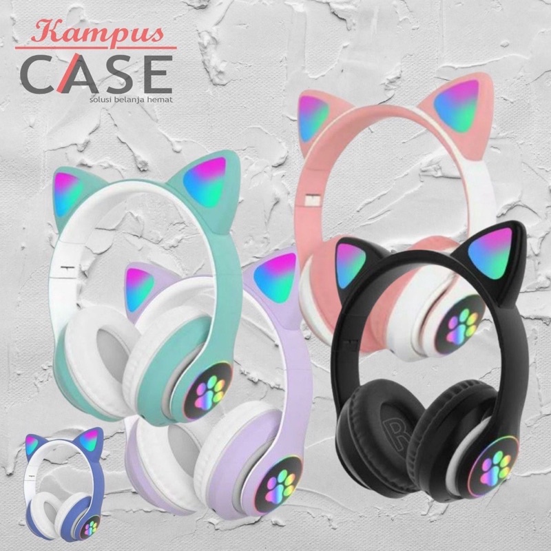 Headphone Bluetooth Kucing LED Wireless Light Kuping Rechargeable Stn 28