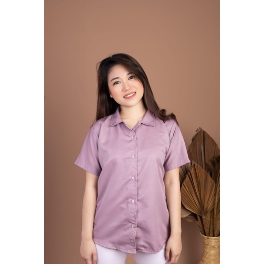 DOMINIC TOP - ATASAN KEMEJA CASUAL WANITA POLOS BUTTON LENGAN PENDEK (BSML1)