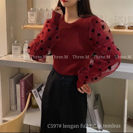 HOPYLOVY - Atasan Wanita Knit Polka Blouse Lengan Panjang Narima