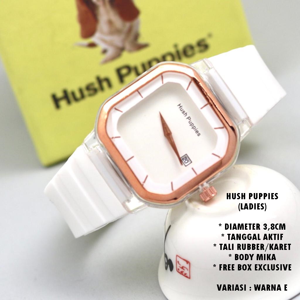 (FREE BOX) JAM TANGAN WANITA HUSH PUPPIES TALI RUBBER BODY SEGI TANGGAL AKTIF