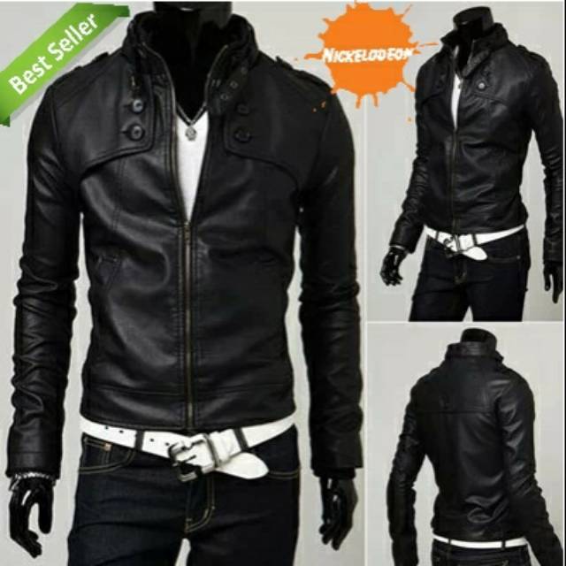 Jaket kulit pria kancing4 hitam/jaket kulit pria korea