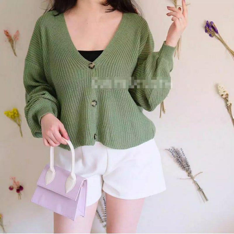 Kardigan crop knit lengan balon