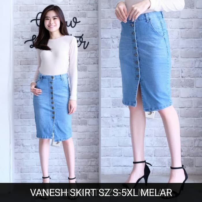 Rok Jeans Pendek Selutut Wanita Vanesh Skirt Rok Pendek Kancing Depan -