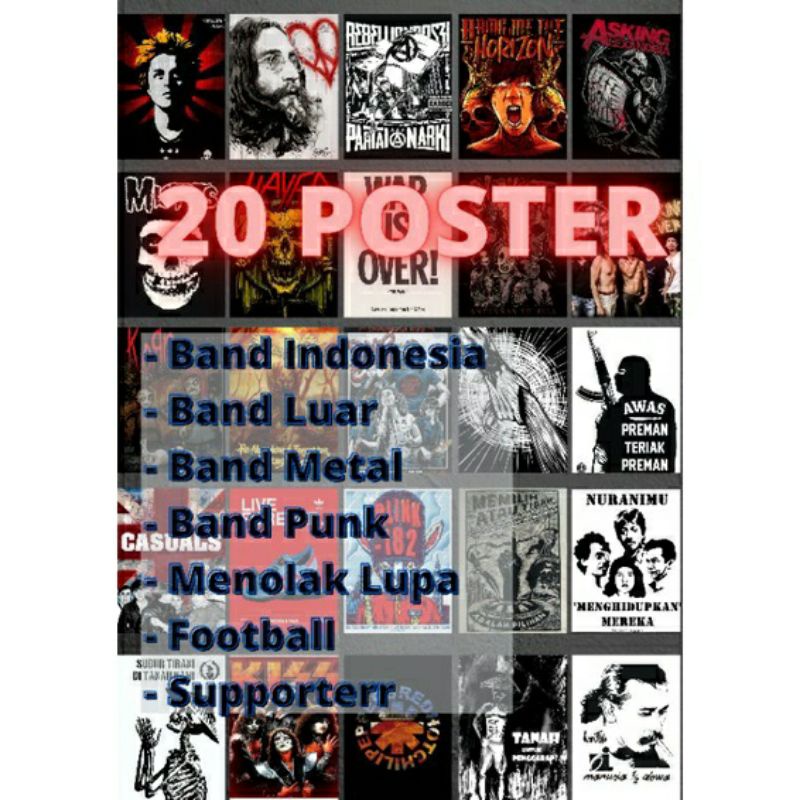 A4 20pcs ||Poster Wall decor, Band, Menolak Lupa, Football,Retro, Blue, Red,Black
