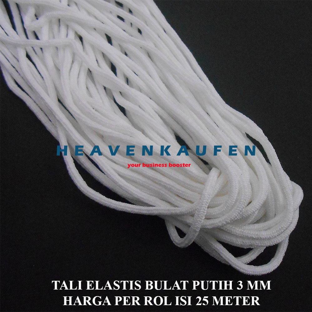 Tali Elastis Elastic Bulat Empuk 3 mm Putih Harga Per Rol isi 25 Meter Cocok Untuk Tali Masker