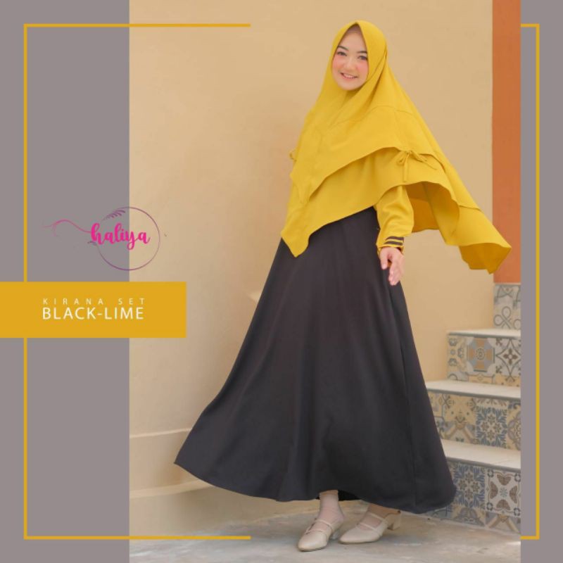 kirana black lime set gamis syar'i set by haliya hijab