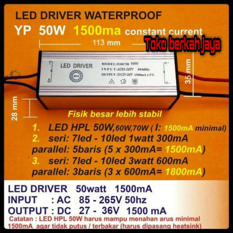 LED Driver 50 Watt 1500 mA WATERPROOF (Casing Besi)