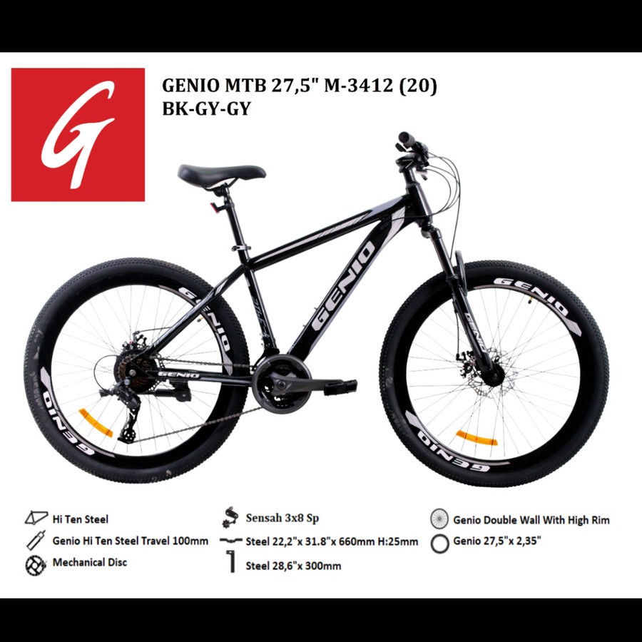 Sepeda Gunung MTB 27.5 Genio M3412 BY United Frame Hi Ten Steel Garansi Kredit Cicilan COD SNI-BK GY GY