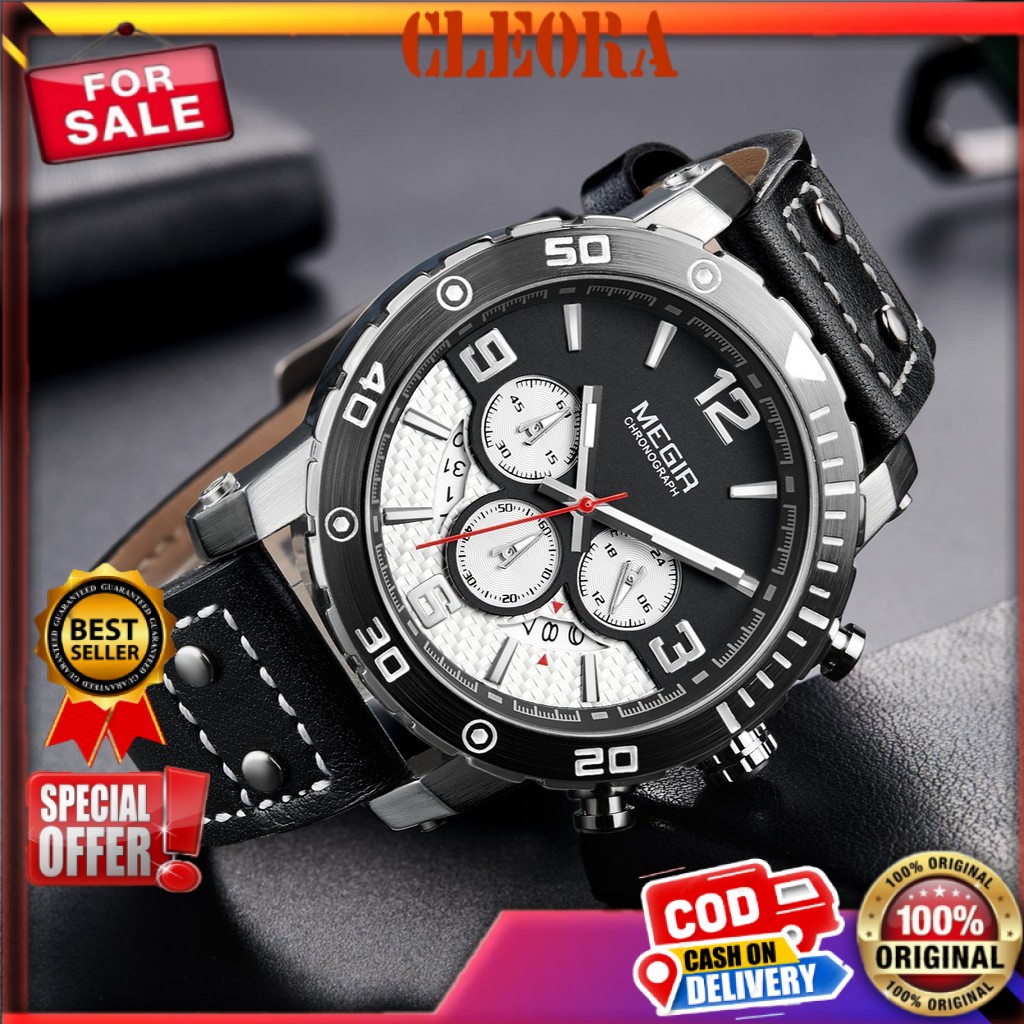 Jam Tangan Pria MEGIR Original Analog Chronograph Tali Kulit Luminous  Jm Arloji Tahan Anti Air Jam 
