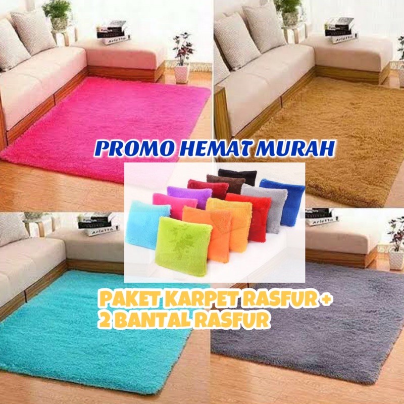 PAKET KARPET BULU RASFUR PREMIUM + 2PCS BANTAL SOFA BULU