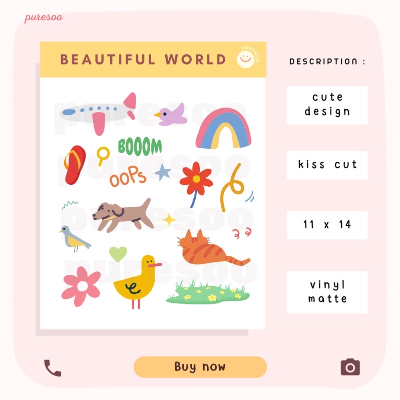 

puresoo - Beautiful World Sticker Sheet, Beautiful Day, Korean Style, pastel and cute journal sticker (for journaling), kiss cut, vinyl matte - STICKER SHEET